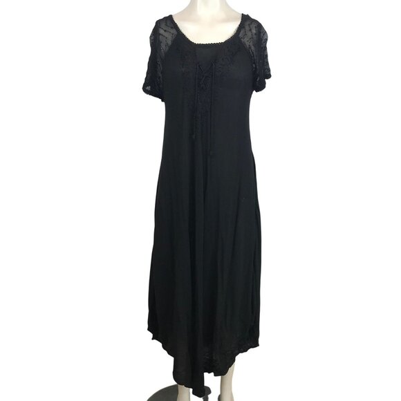 SAKKAS - WOMEN'S FREE SIZE -BLACK SHORT SLEEVE COTTON EMBROIDERED MAXI DRESS - Picture 1 of 7